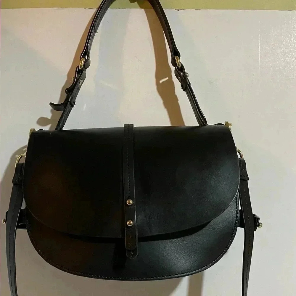 Zara Black Saddle Satchel with Gold Accents